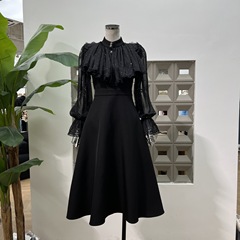 亚马逊知性风初秋宴会潮流2025chic显瘦拼接假两件高腰黑色连衣裙