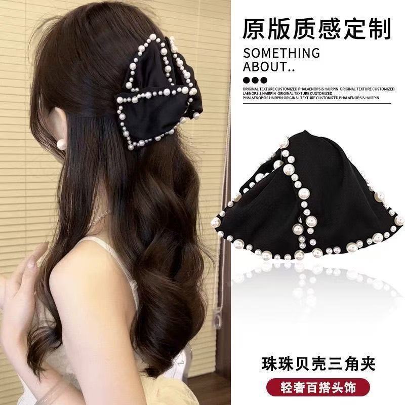 新作レトロ韓国風布製リボン三角ヘアクリップ、女性用大型ヘアクリップ、後頭部の髪量が多い方用シャーククリップ|undefined