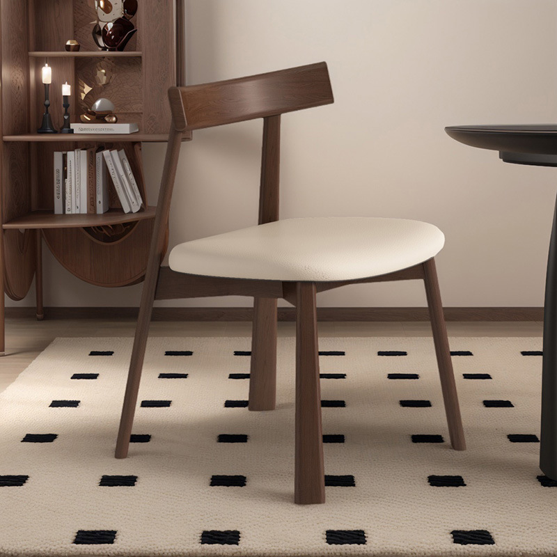 Silla de comedor de madera maciza nórdica, tela de lino y algodón para el hogar, estilo retro, silla trasera de cuero de microfibra, mesa y silla de comedor de hotel, taburete