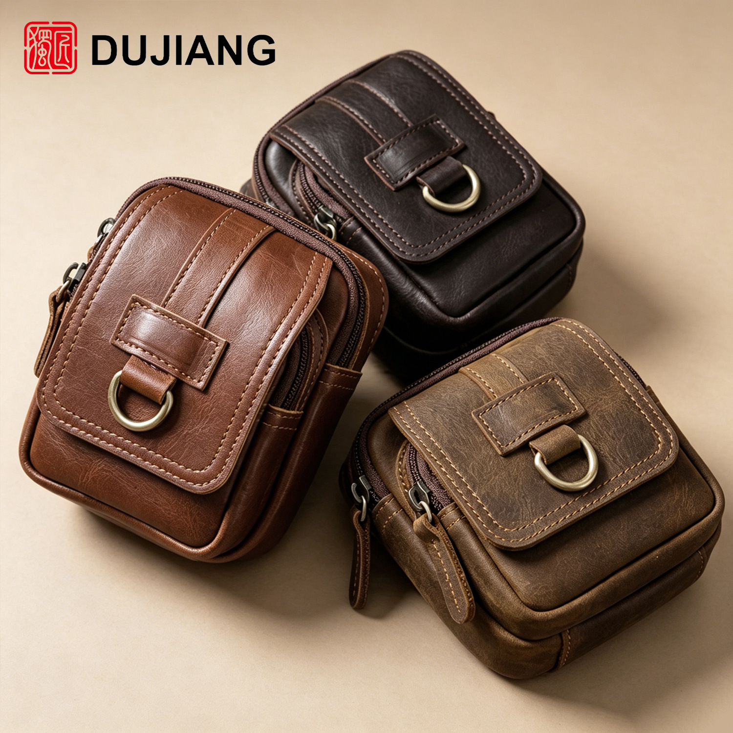 Cross-border vintage top-layer cowhide waist bag, genuine leather phone bag for men, belt-worn waist bag, multifunctional leather storage bag