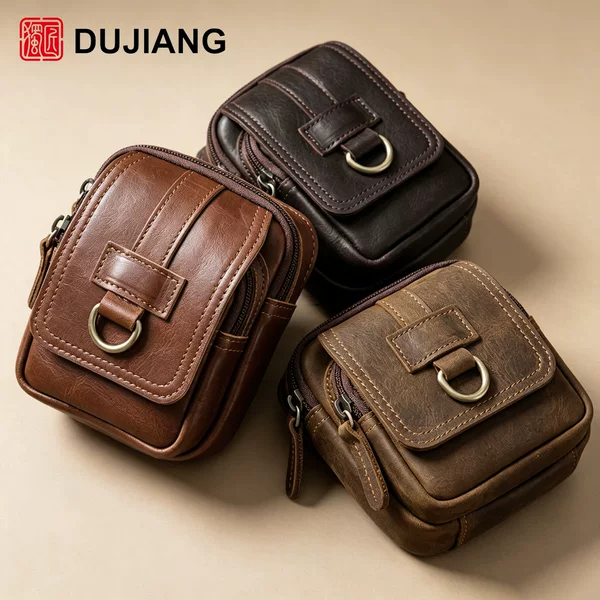 Cross-border vintage top-layer cowhide waist bag, genuine leather phone bag for men, belt-worn waist bag, multifunctional leather storage bag
