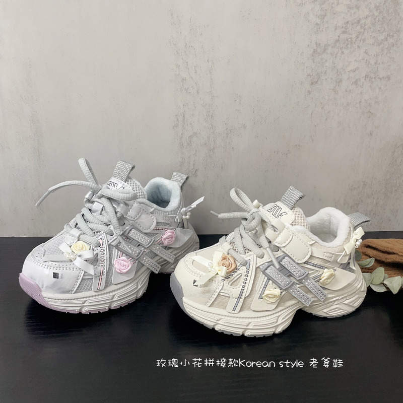 儿童洋气可爱小花加绒老爹鞋2025冬季新品女童舒适轻便宝宝运动鞋|undefined