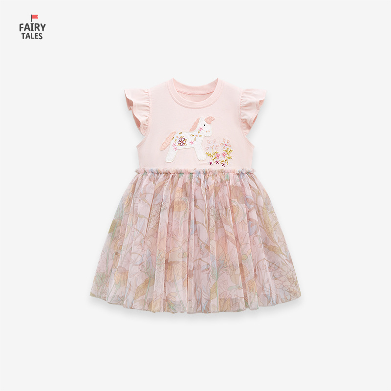 Fairy tales歐美網紗女童連衣裙純棉短袖兒童夏裙可愛女童公主裙