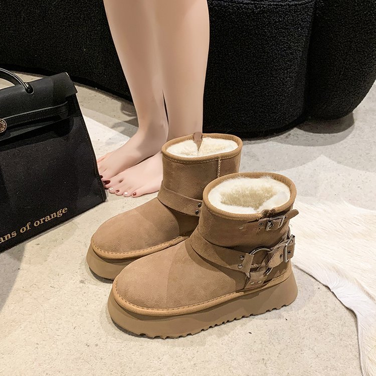 Cizme de zăpadă cu talpă groasă pentru femei, iarna 2023, noi, din pluș și izolație groasă, burete, cizme scurte de zăpadă din bumbac_voghion.com
