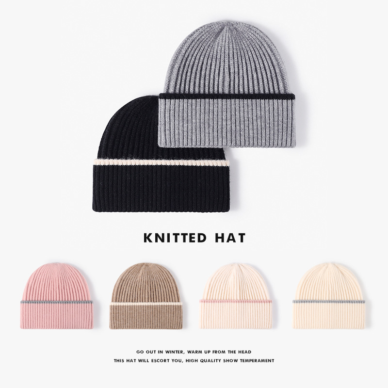 Color-Blocked Autumn and Winter Men's Fashion Beanie, Versatile and Simple, Warm and Thick Knitted Hat for Women, European and American Outdoor Woolen Hat