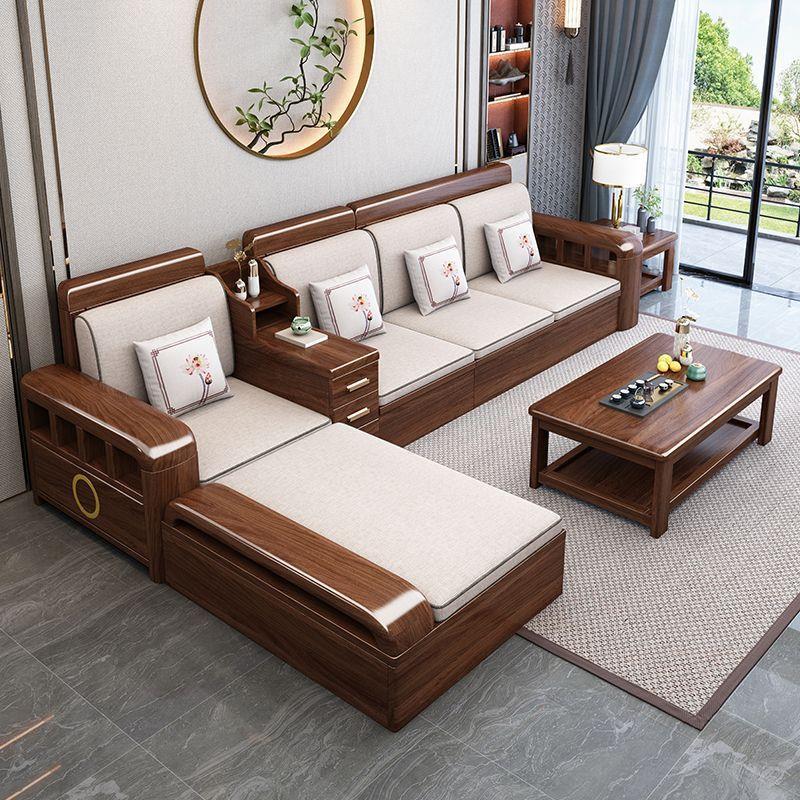 Mid-century style gold-threaded walnut wood sofa set for living room, suitable for both winter and summer, new Chinese-style storage sofa