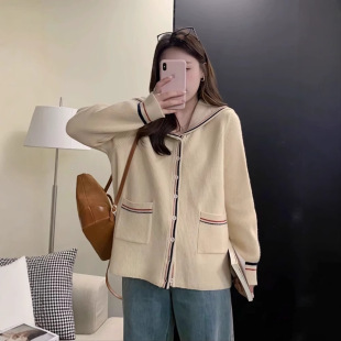 Plus Size Korean Preppy Style Age-Reducing Contrast Navy Collar Sweater Knitted Cardigan Autumn and Winter New Fat mm Loose Outwear