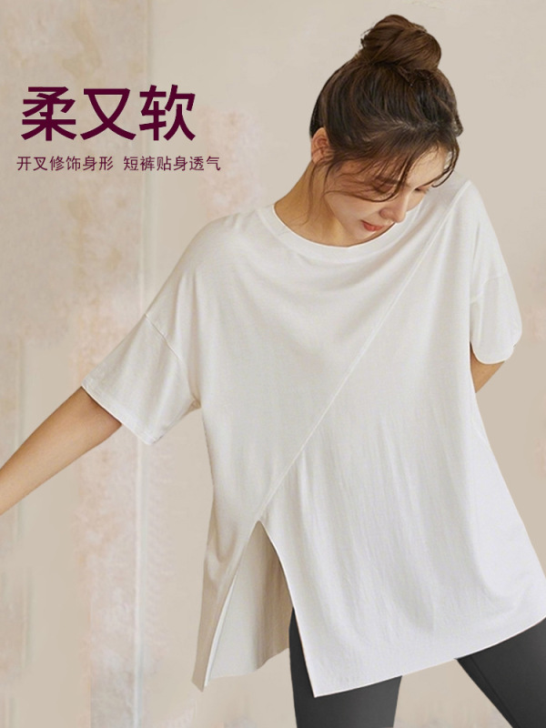 宽松速干运动服大码健身服中长款开叉短袖瑜伽跑步短裤夏套装薄款|undefined