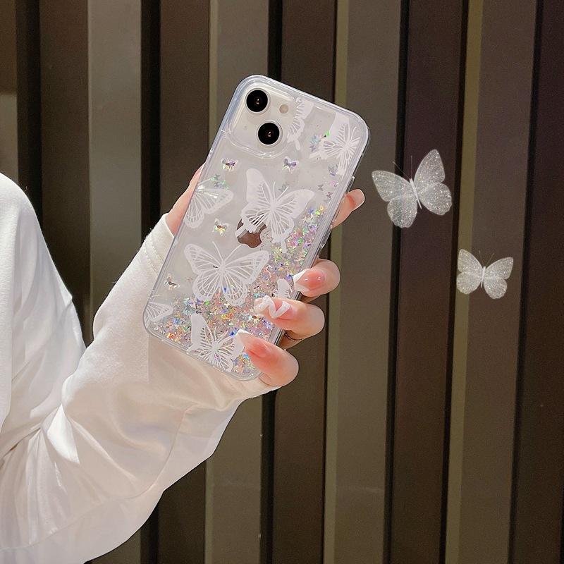 Convient pour iPhone 15 ProMax téléphone Apple 14 papillon paillettes rose patch diamant sables mouvants, étui de protection 12/13_voghion.com
