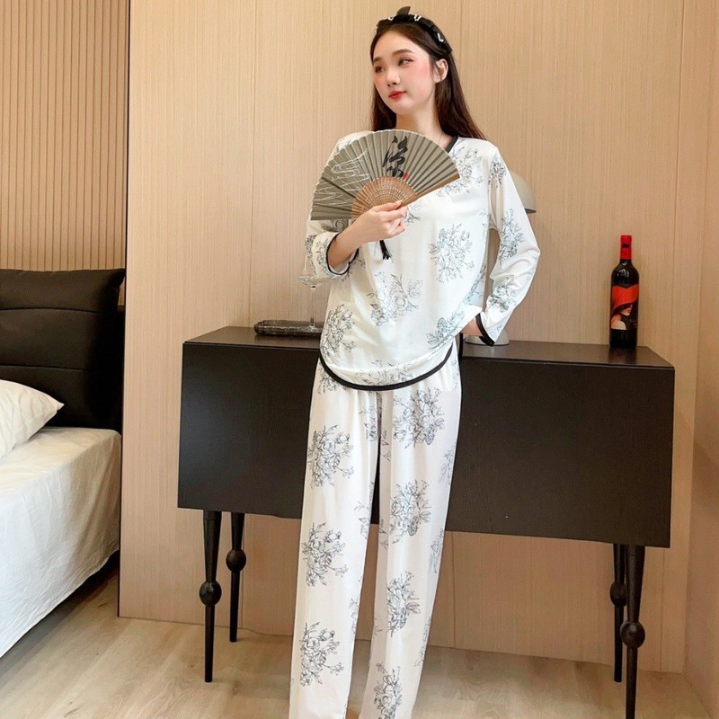 夏の新型中国風花開富貴パジャマ女性のゆったりとしたカジュアルな部屋着長袖パジャマセット|undefined