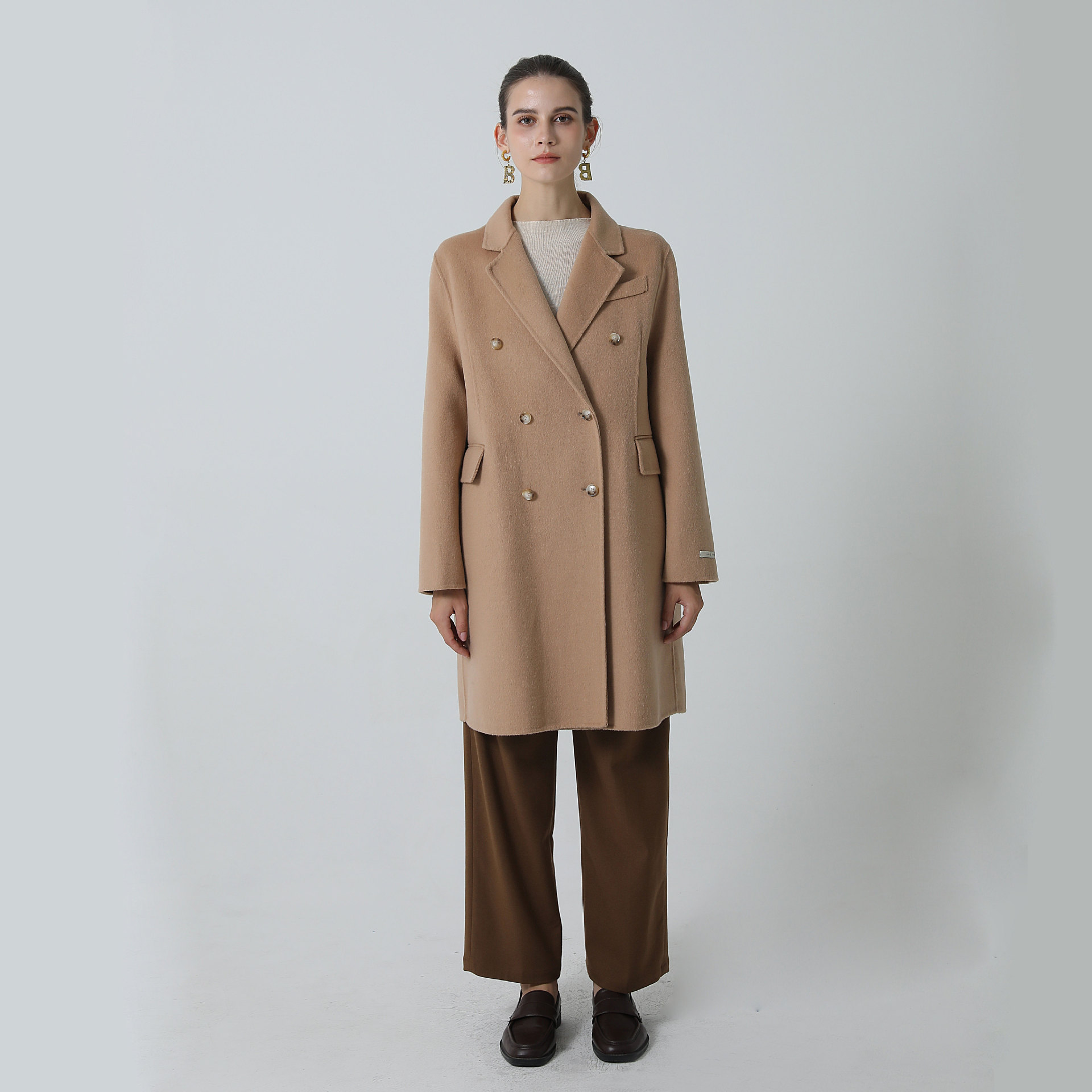 现货2022冬季新品韩版时尚气质双排扣中长款羊毛双面呢大衣女批发|ru