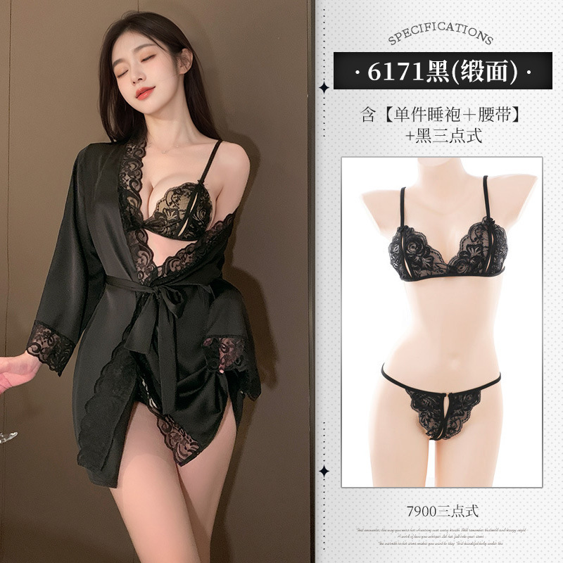 ◆새틴◆블랙[싱글파자마+벨트]+블랙 쓰리포인트 스타일