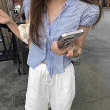 现 韩国东大门tannat蓝色格纹收腰短袖衬衫韩系女装甜美显瘦衬衣