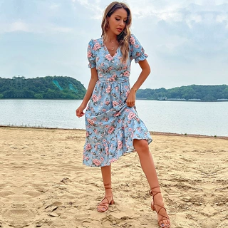 【佰分之衣】亚马逊跨境夏季海边度假欧美复古甜美风v领连衣裙
