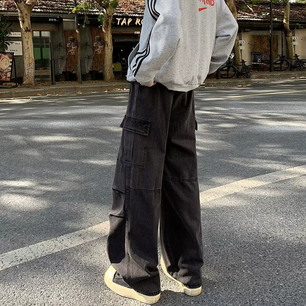 Осенние ретро джинсы, модные брюки, шнурок, американский стиль, oversize, свободный прямой крой