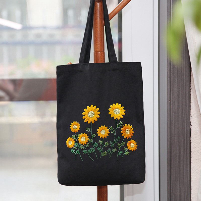 Hecho a mano DIY cinta bordada bolsa de lona Lu bordado solo hombro bolso tridimensional bordado flor lienzo mujer bolsa grande
