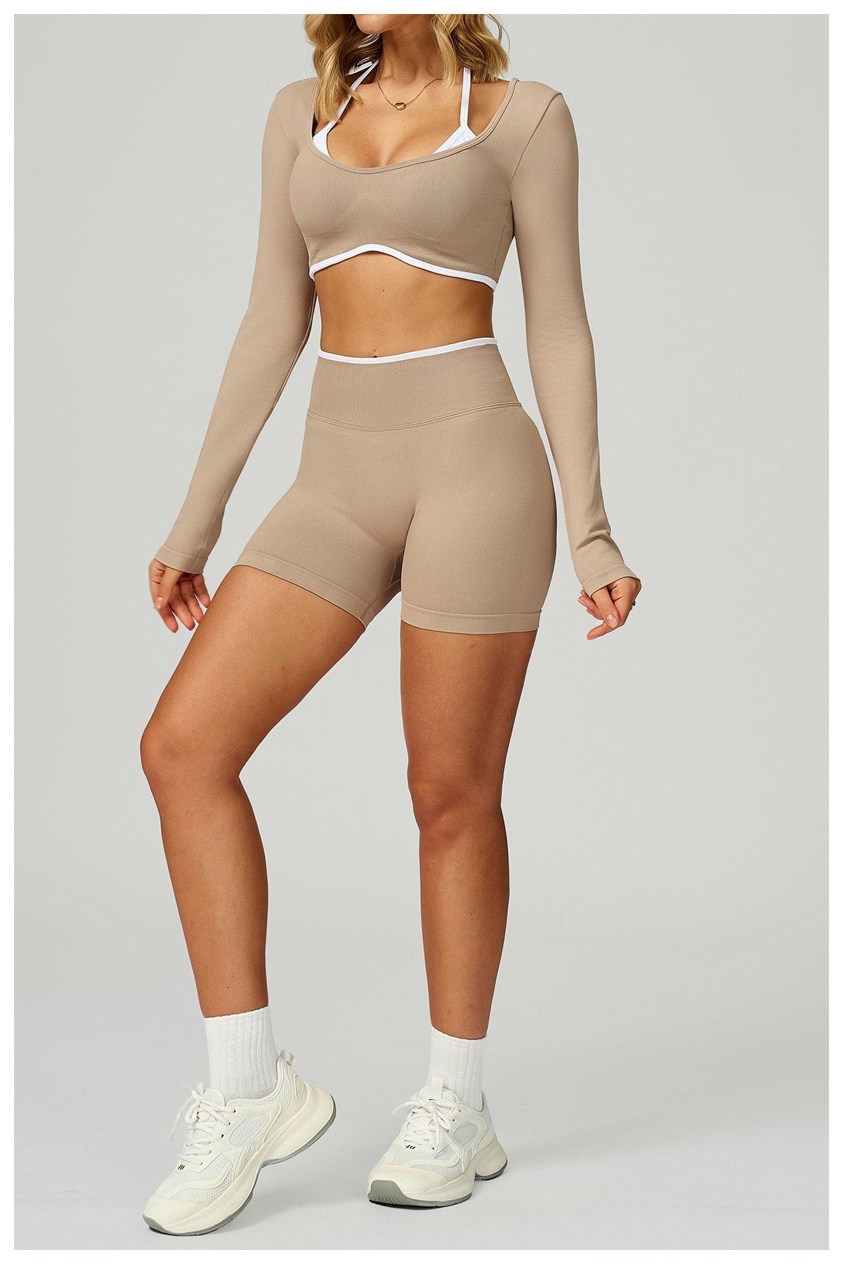 Women's Seamless Color Block Yoga Top Long Sleeve Faux Two Piece Slim Fit Running Sports Fitness T-Shirt 9245_ecoleips.com