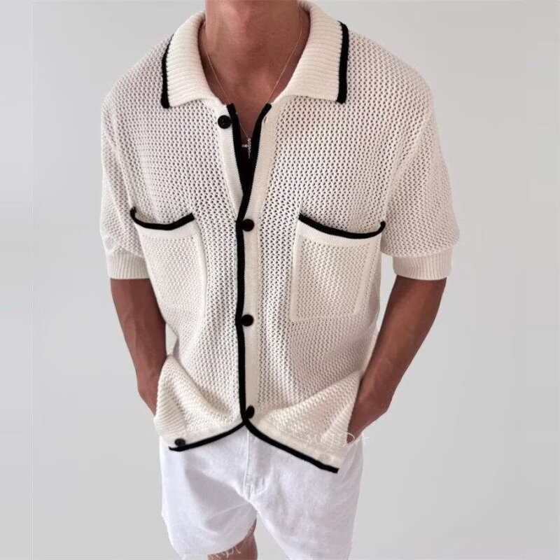 Polo camiseta de punto camiseta de manga corta camiseta con solapa cardigán hombre pequeño bolsillo de viento fragante viejo viento verano fábrica transfronteriza al por mayor