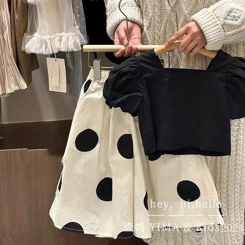 Fashionable Set for Girls - Summer 2025, Bohemian Audrey Hepburn Style, Bubble Sleeve Top and Polka Dot Skirt Pants Two-Piece Set