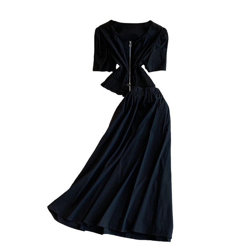 Women's French Style Sophisticated Two Piece Set Versatile Double Zipper Round Neck T-Shirt High Waisted Pleated Skirt_ecoleips.com