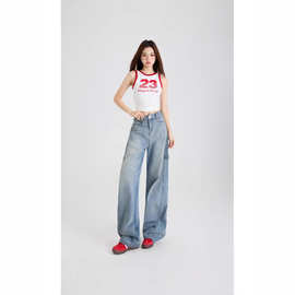 美式复古直筒牛仔裤女夏季新款宽松梨形身材女孩弯刀阔腿拖地裤潮