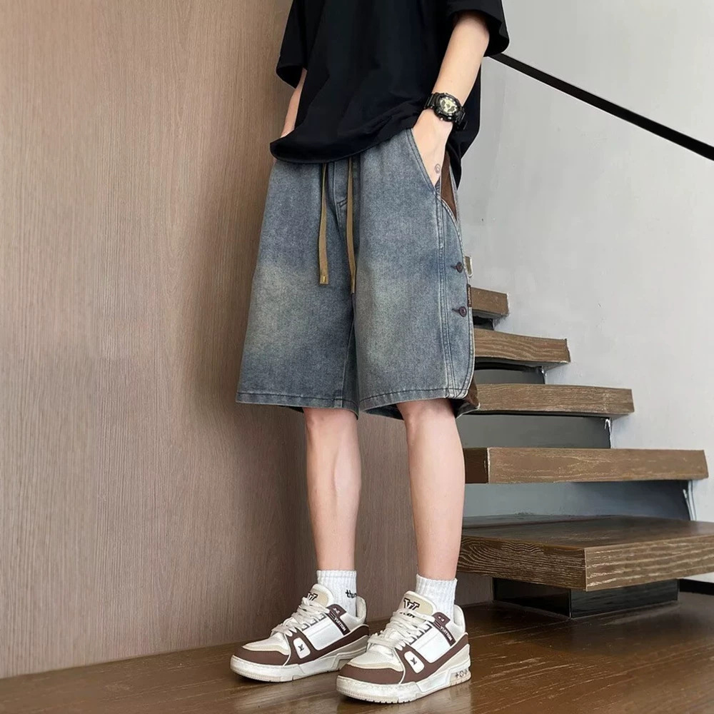 American-Style Heavy Vintage Denim Shorts for Men, Summer Loose Trendy Brand Patchwork Five-Point Shorts, Men's Cool Casual Mid-Length Pants