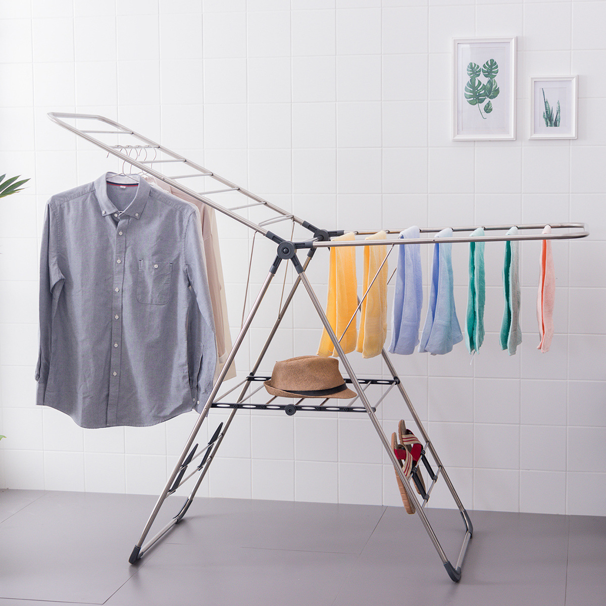 Cross-border Household Stainless Steel Wing Floor Drying Rack Balcony Installation-free Multifunctional Drying Rack Folding Drying Rack