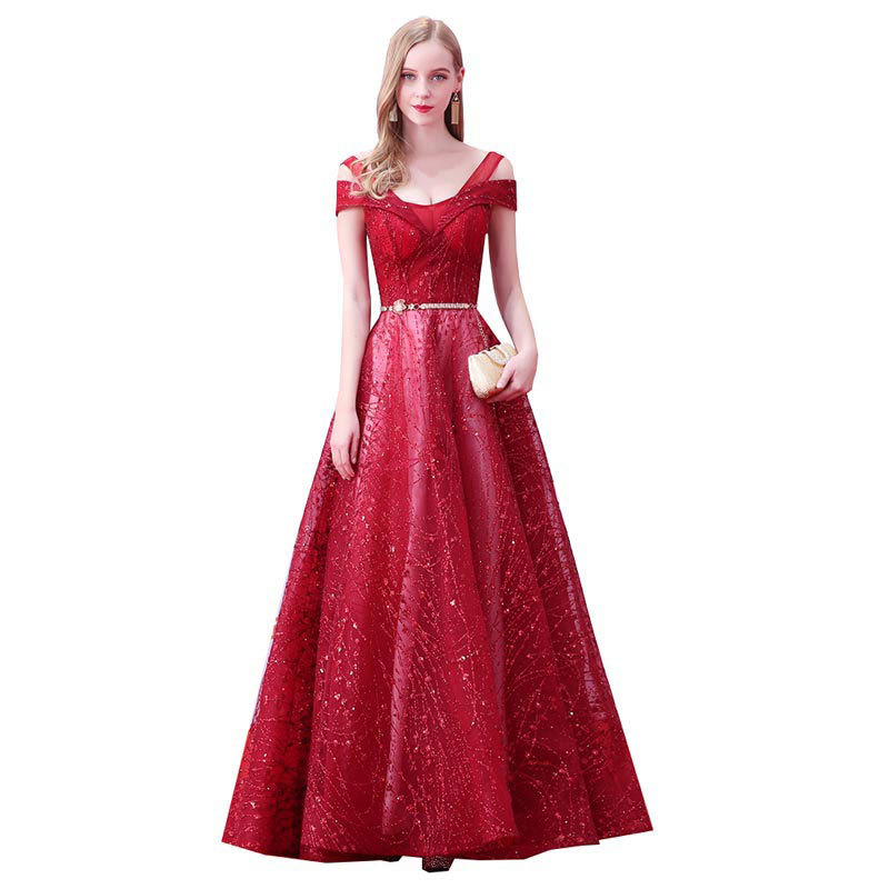 El comercio exterior de Europa y América Amazon AliExpress deseo nuevo encaje lentejuelas fuera del hombro vestido de noche tostada boda Vestido de banquete