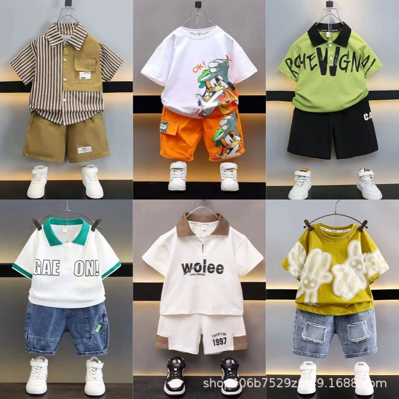 Летний костюм для мальчиков 2025, новый стильный детский комплект из хлопка с коротким рукавом, модная детская одежда в корейском стиле