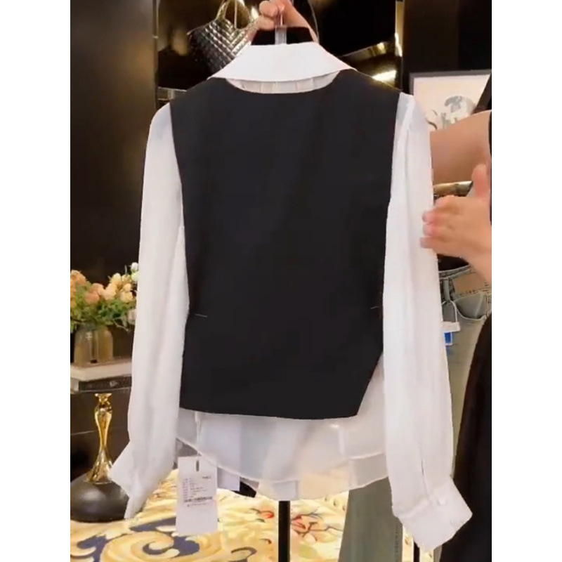 패션 콘트라스트 컬러 스태킹 투피스 여성용 가을 뉴 폴로 칼라 쉬폰 셔츠 긴 소매 불규칙한 블랙 조끼