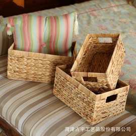 跨境水葫芦草编收纳篮杂物零食整理筐带把手书籍杂志储物篮编织筐