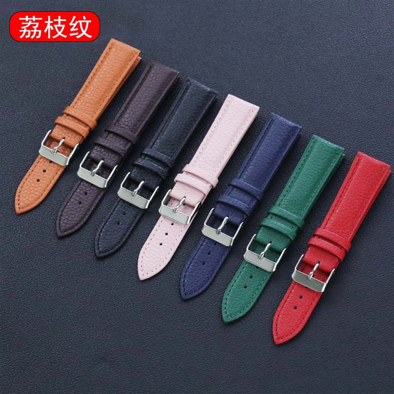 Correa de reloj de cuero genuino con hebilla de textura de lichi, suave, impermeable, duradera, colorida, 10~22 mm, venta al por mayor en stock