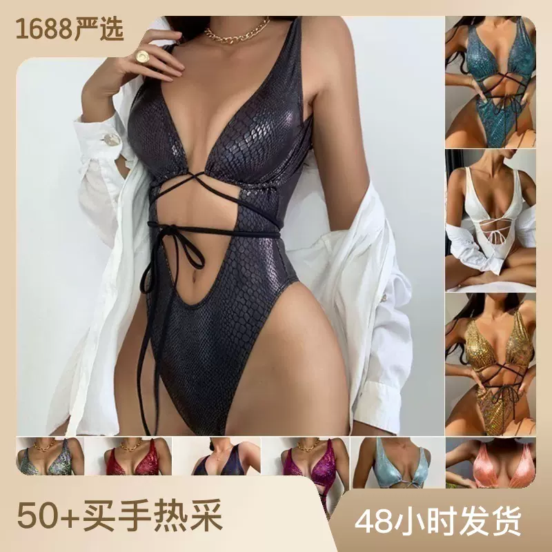 跨境爆款欧美连体泳衣女黑色性感纯色系带泳装大码比基尼现货批发