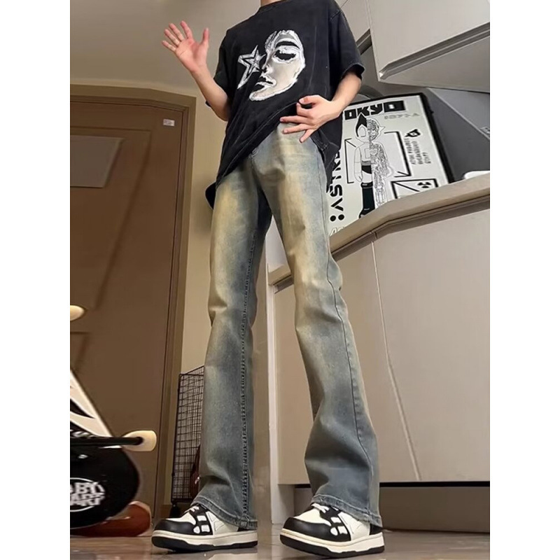 Summer High Street Men's Jeans American Retro Heavy Black Straight Pants Trendy Brand Slightly Flared Versatile Slightly Spicy Pants