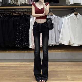 美式千禧辣妹风低腰微喇牛仔裤女2026春秋季深蓝色复古紧身马蹄裤