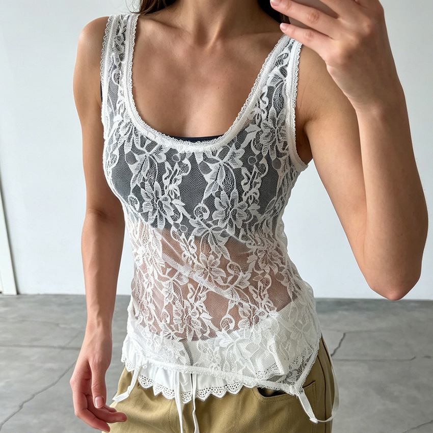 2026 primavera y verano nuevo chaleco de moda de encaje transparente sin mangas mujeres transfronterizas europeas y estadounidenses quieren puro estilo U cuello en la parte superior