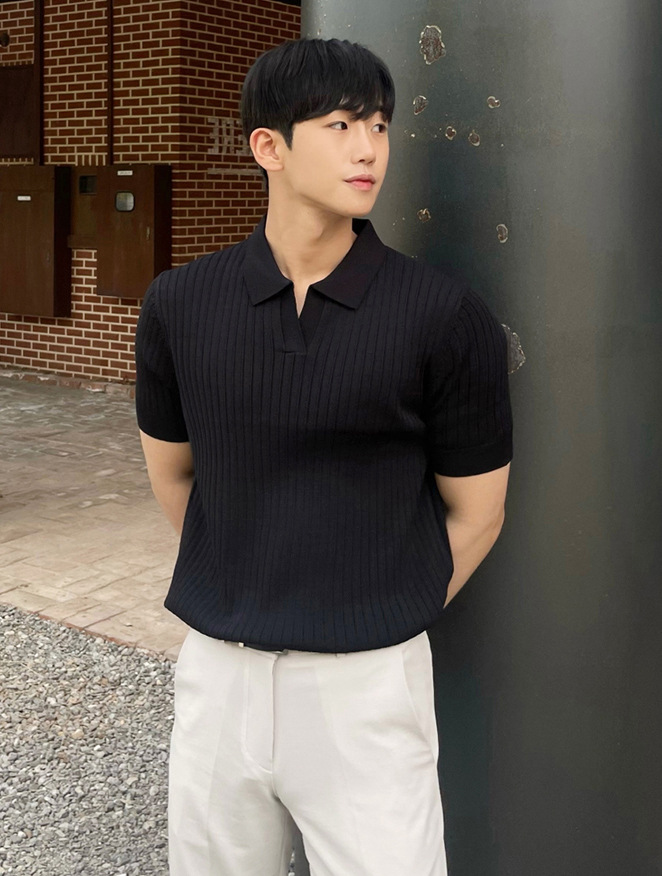 Polo de punto con cuello de gaviota Suéter de manga corta delgado europeo para hombre Suéter transpirable de seda fría Suéter Paul Cuello en v