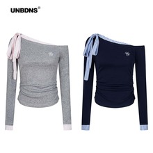 UNBDNS撞色斜肩绑带长袖T恤女2025秋季新款修身显瘦打底衫上衣潮