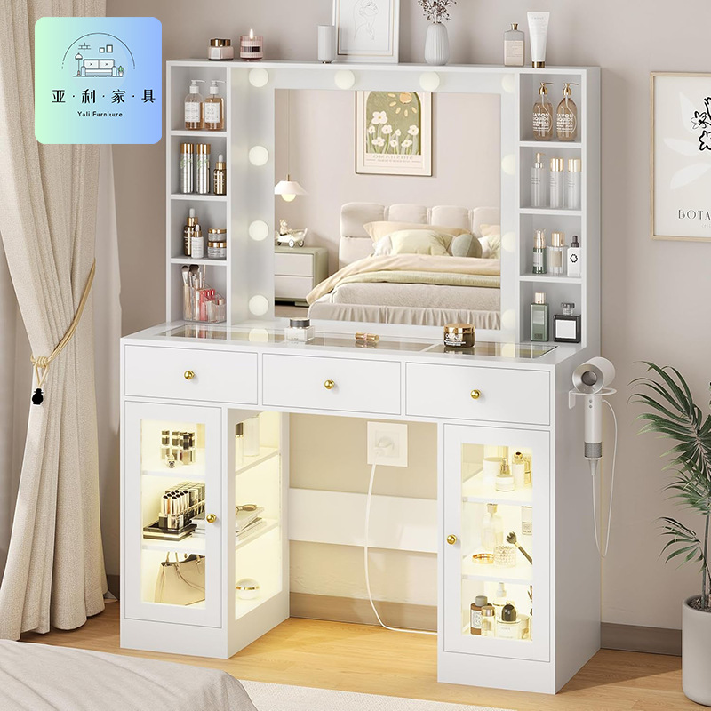 Bedroom white dressing table with light and table suit power socket and 3 colors adjustable lighting brightness
