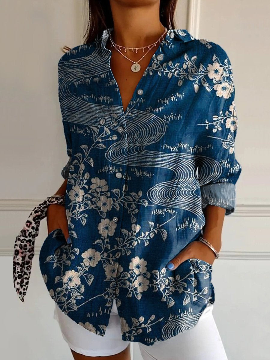 Damen Bluse Mit Blumenmuster Und Dreiviertelarm Sommerhemd_voghion.com