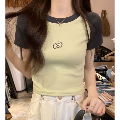Embroidered Slim-Fit Short-Sleeve T-Shirt for Women, Summer Thin Style, American Vintage Design, Color-Blocked Raglan Sleeves, Chic Crop Top with Regular Shoulder Line