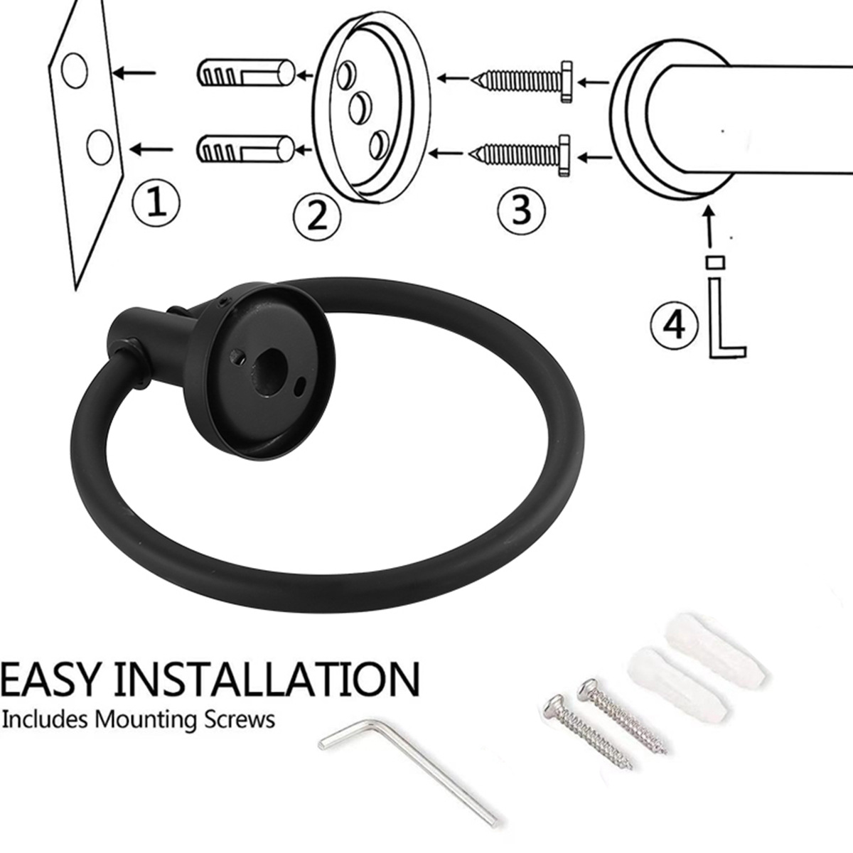 Anillo de toallas de acero inoxidable negro para baños, estantes de toallas redondas para colgantes de hardware, estantes de pared transfronterizos