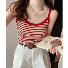 2023 Ice silk sling women's summer outer wear white striped knitted vest with bottoming slim collarbone outer top