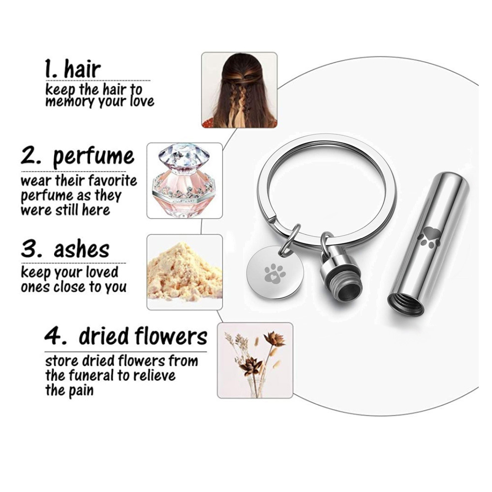 Abran las cenizas del animal doméstico pelo memorial colgante plata cenizas cilíndricas pelo llavero ventas directas de la fábrica