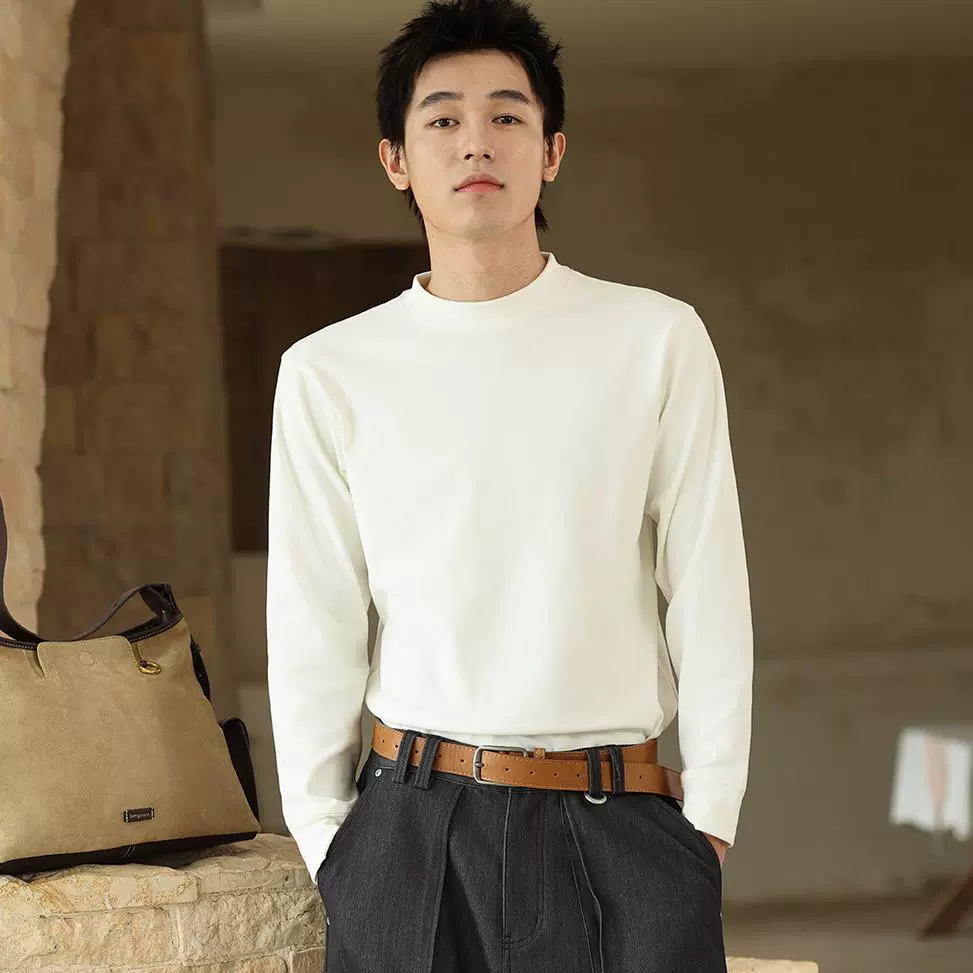 珂希卡866新款男士羊绒蛋白小立领单件纯色简约休闲打底衫秋冬