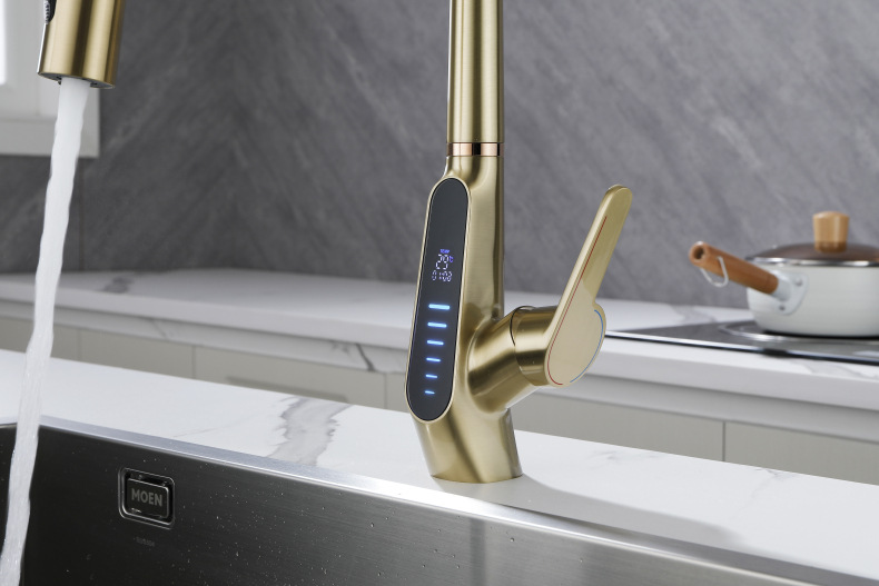 Konishi hydroelectric power digital display kitchen faucet pull-out sink faucet with brushed gold color undefined