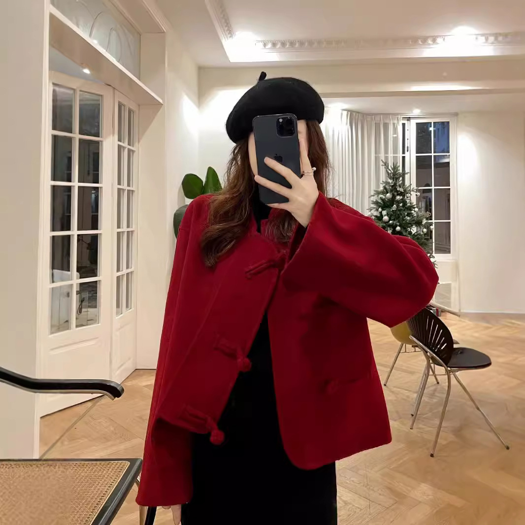 新中式红色双面羊毛大衣女冬季新年中国式短款小个子本命毛呢外套