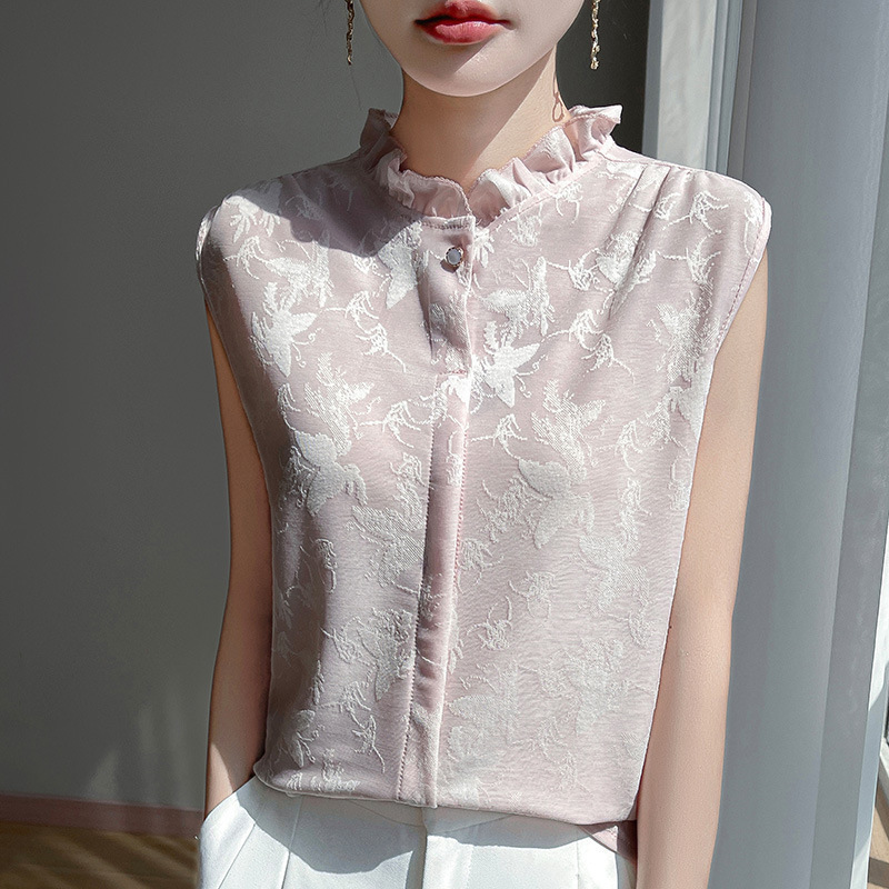 2025 Spring/Summer New French Tencel Ruffled Stand Collar Knit Sleeveless Butterfly Jacquard Vest Top for Women