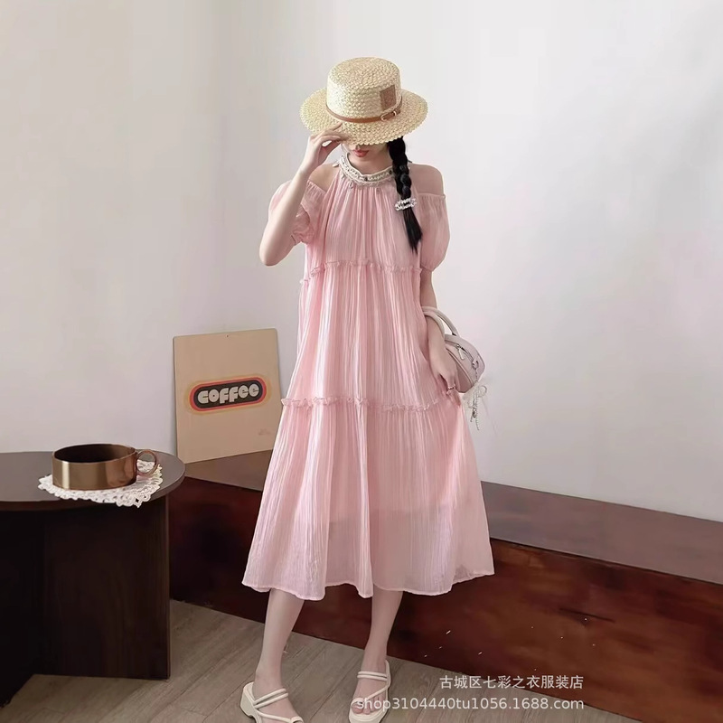 White Tie-Dye and Dopamine Color Puff Sleeve Short-Sleeved Gentle Style Summer Princess Dress for Women