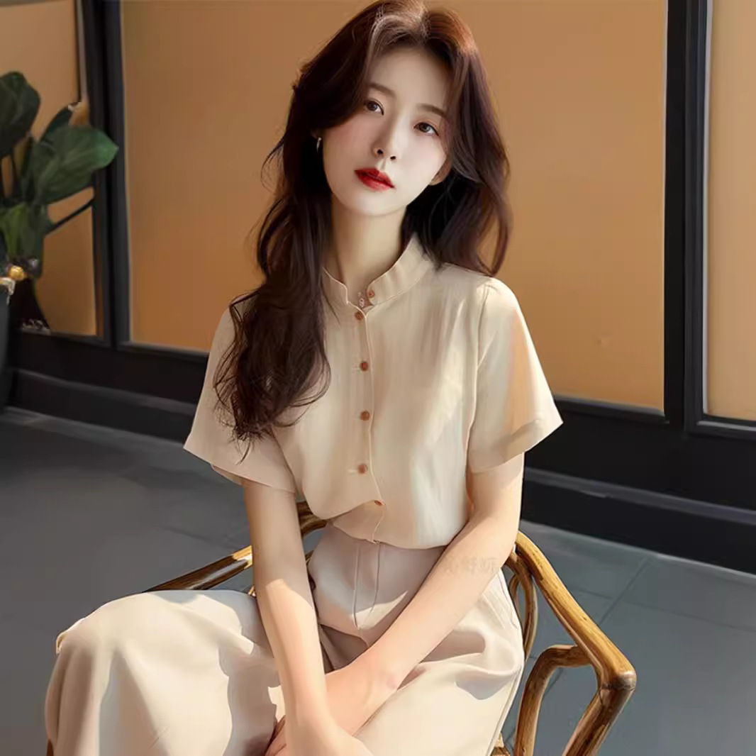 Áo sơ mi ngắn tay nữ phong cách Trung Quốc thời thượng màu mơ — Màu mơ